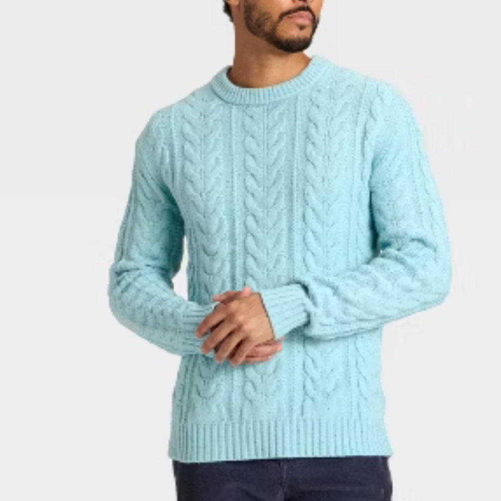 Men’s powder blue crew cable sweater goodfellow Light Blue Cable Knit Sweater